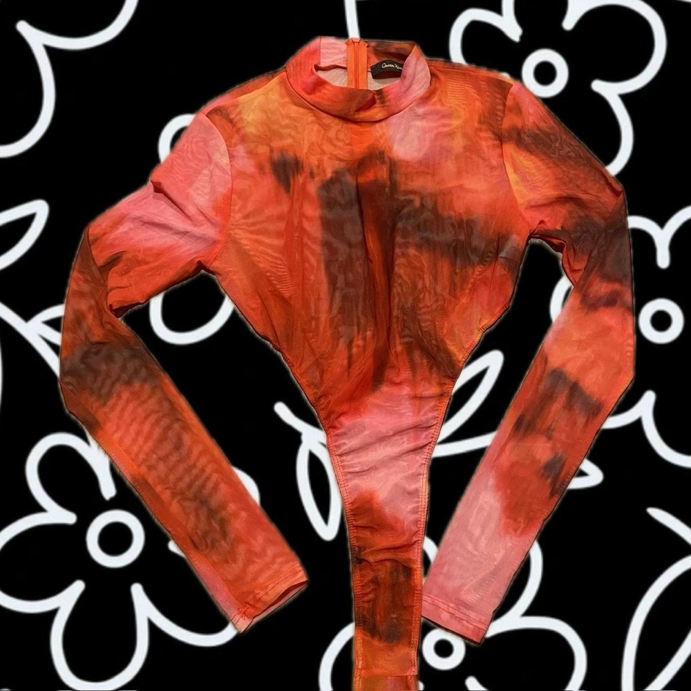 Vibrant Red and orange long sleeve Mesh Bodysuit